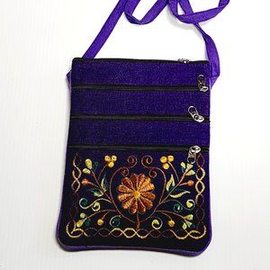 Embroidered Small Crossbody Bag Shoulder Purse 5 Zip Pocket Hippie Boho Purple